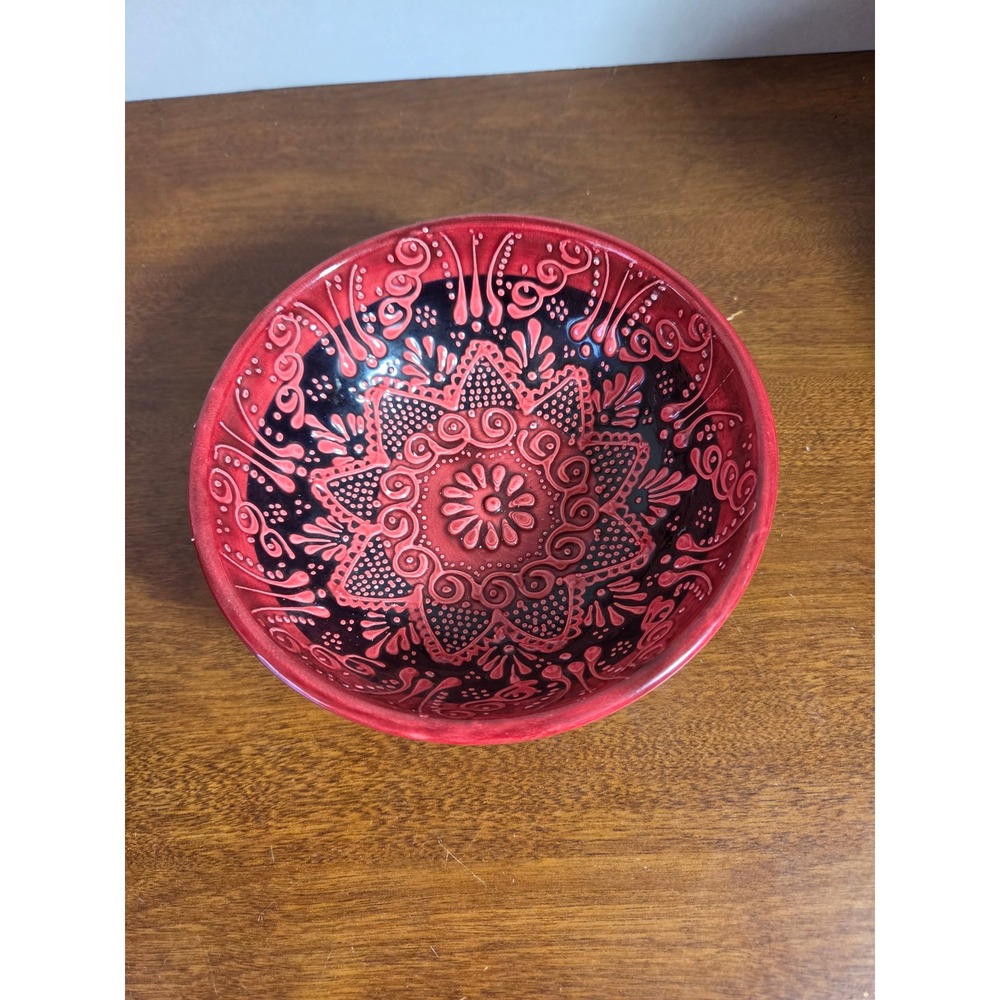 Handmade 6 inch Red and Black Ceramic Mandala Relief Bowl Bohemian Pottery Decor